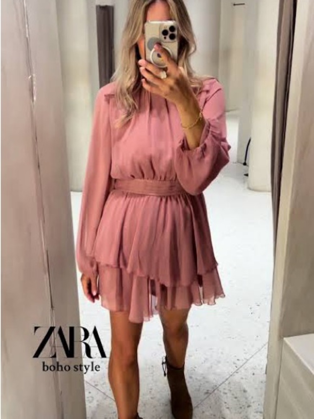 Zara Rose-Pink Tiered Chiffon Mini Dress